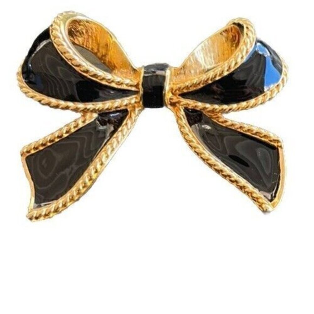 Black Enamel Bow Set Vintage KJL for Avon Kenneth Lane Gold Black Brooch Pin